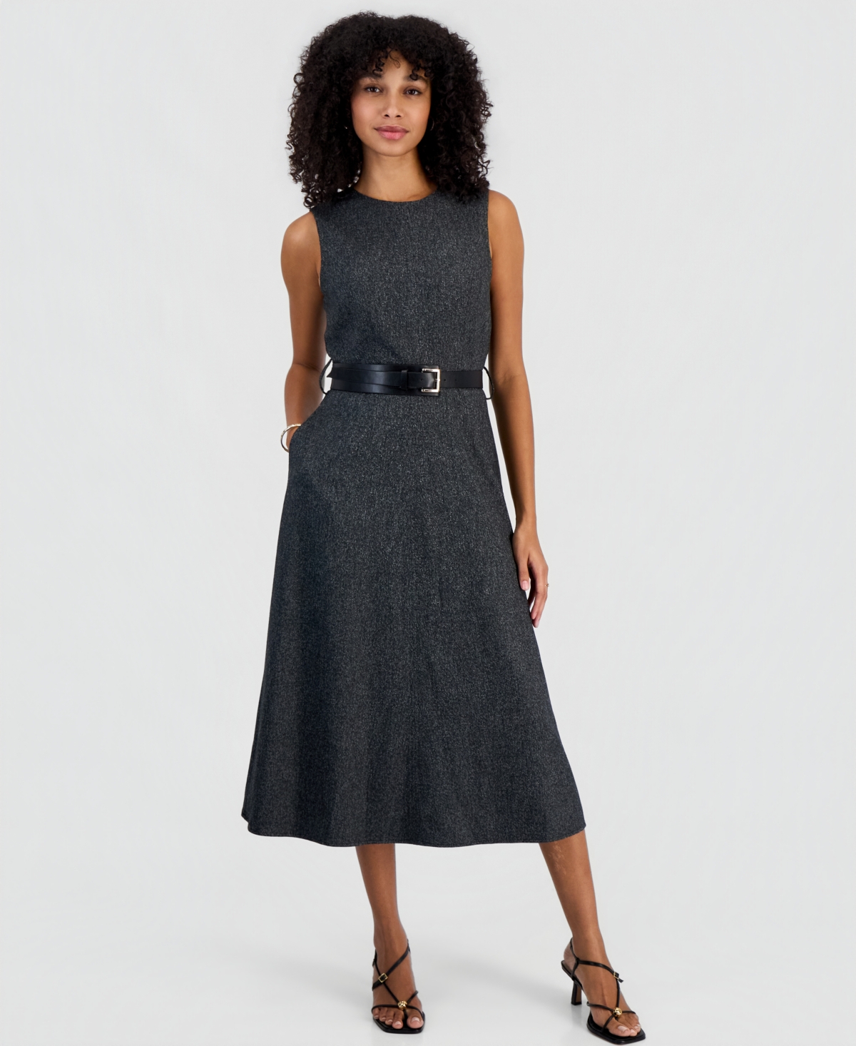 Sam Edelman Women's A-line Crew Neck Sleeveless Midi Dress In Salt  Pepper