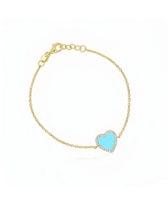 Large Turquoise CZ Halo Single Heart Bracelet 14K Gold-Plated Sterling Silver