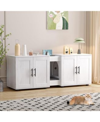 Double Cat Litter Box Enclosure Furniture for 2 Cats, Hidden Wooden Cabinet with Dual Rooms, Barn Doors, Storage and Waterproof Surface