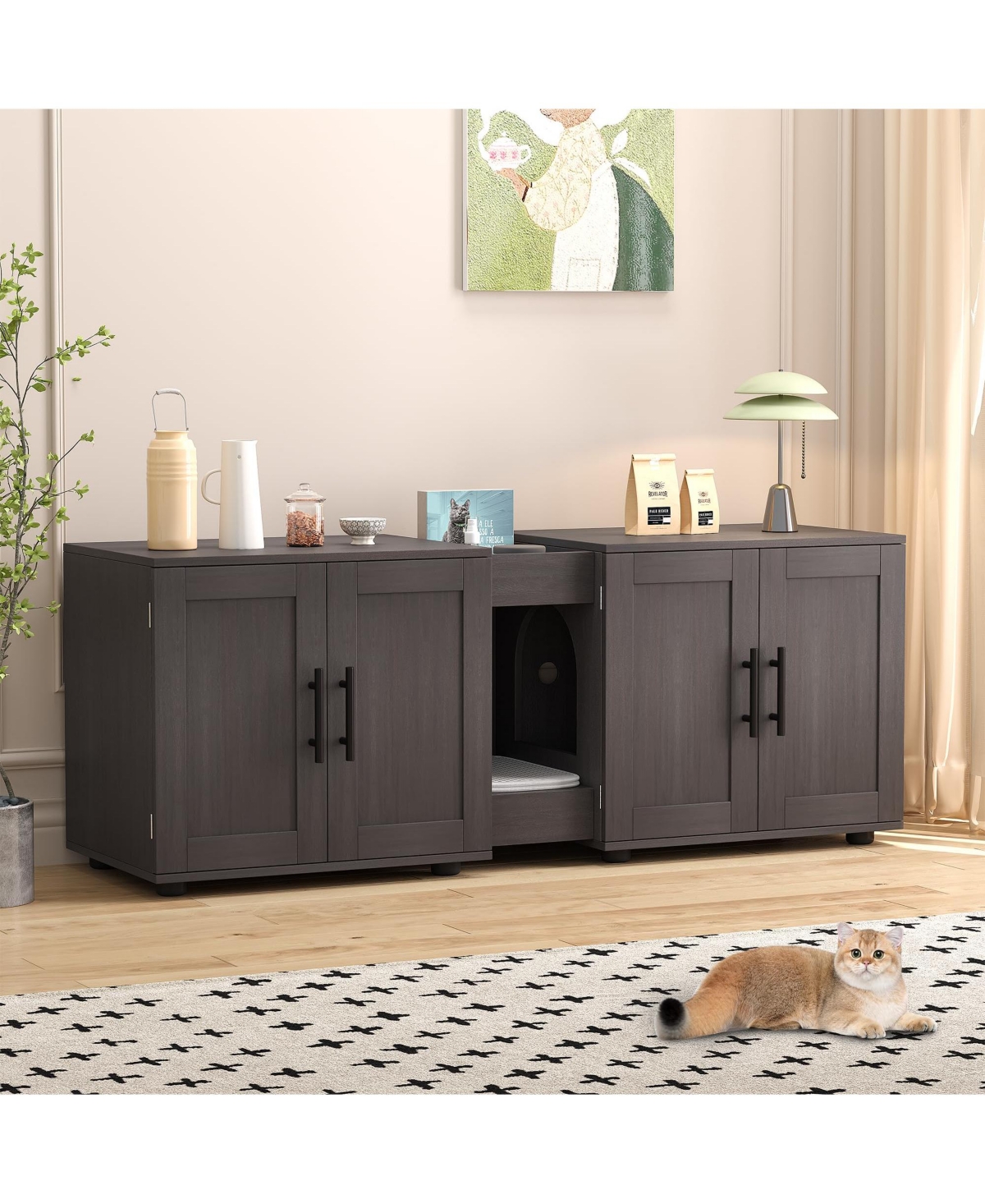 homfan Double Cat Litter Box Enclosure Furniture for 2 Cats, Hidden Wooden Cabinet with Dual Rooms, Barn Doors, Storage and Waterproof Surface