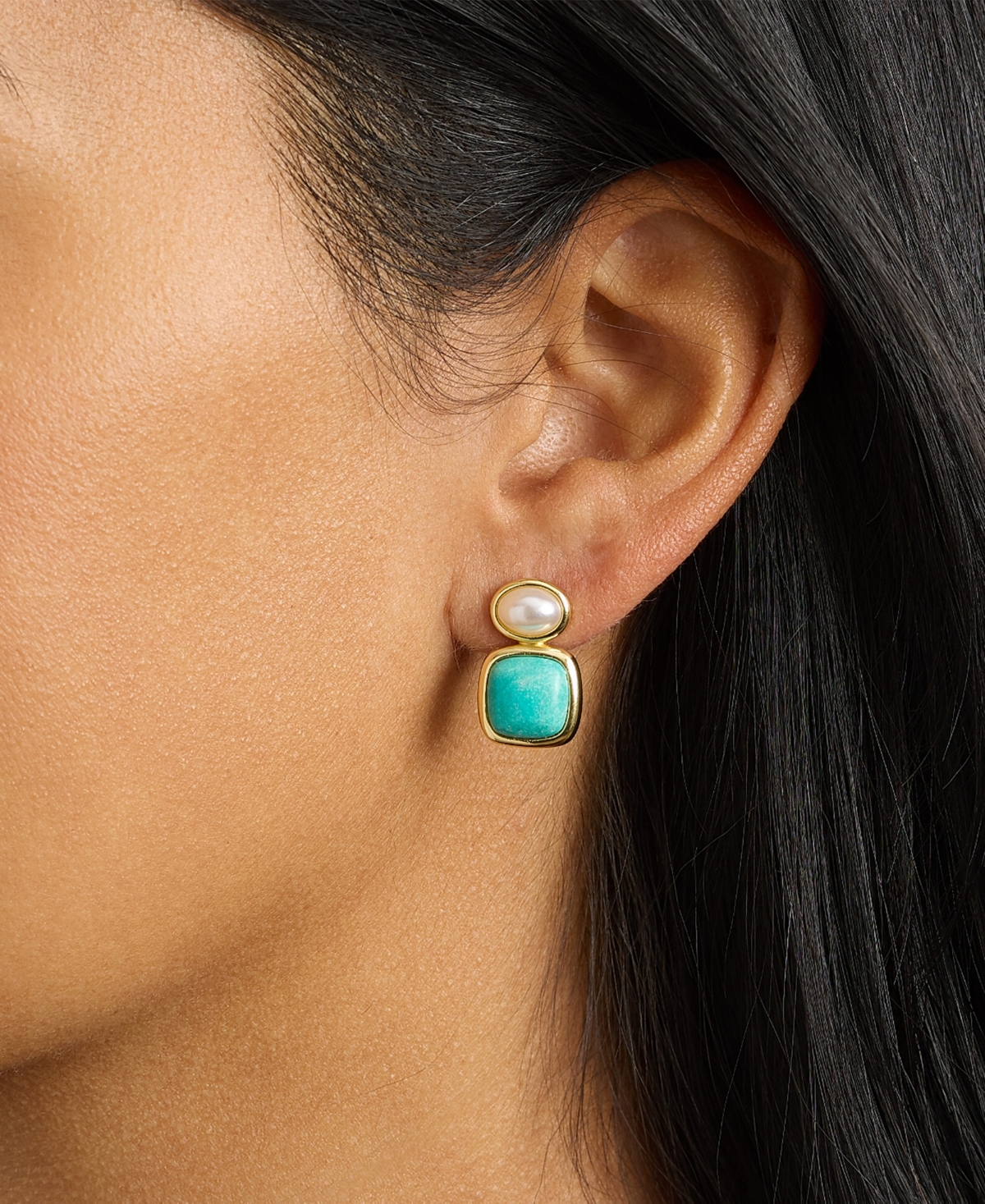 Macy's Gold-Plated Lapis Imitation Pearl Stud Drop Earrings
