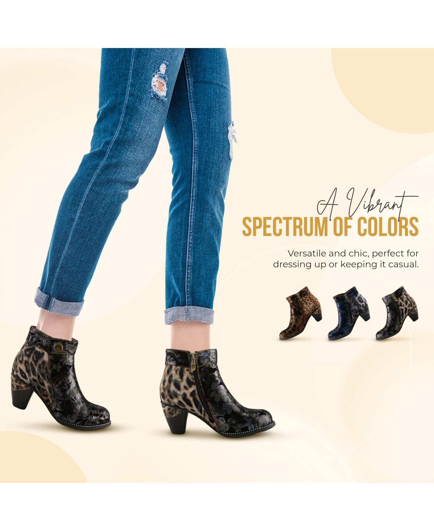 Женские ботинки L'Artiste Dessalynn Floral and Animal Print Suede Ankle Boots with Velvet Lining, Decorative Button, Side Zipper - Artistic Comfort Booties, цвет: Бронзовый разноцветный — фото 8