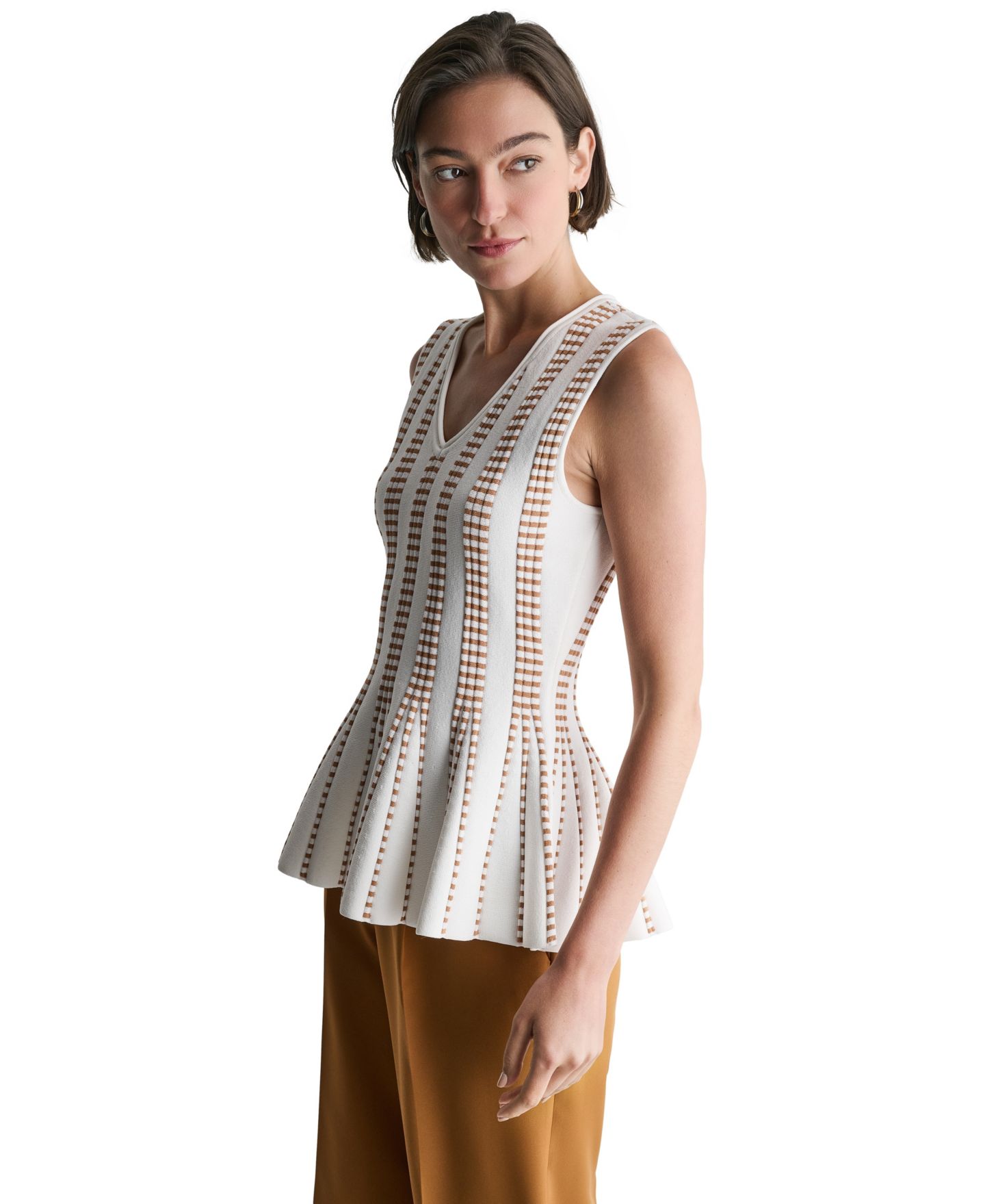Женский топ BCBG Striped Peplum Knit V-Neck, цвет: Белый / Карамельный — фото 3