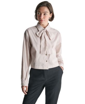 Women's Long-Sleeve Striped Tie Neck Blouse