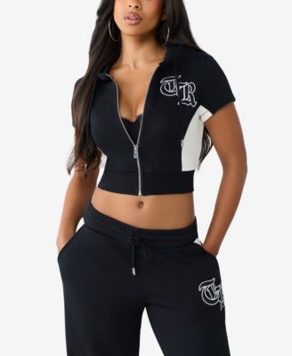 Women's Colorblock Short-Sleeve Cropped Zip Hoodie