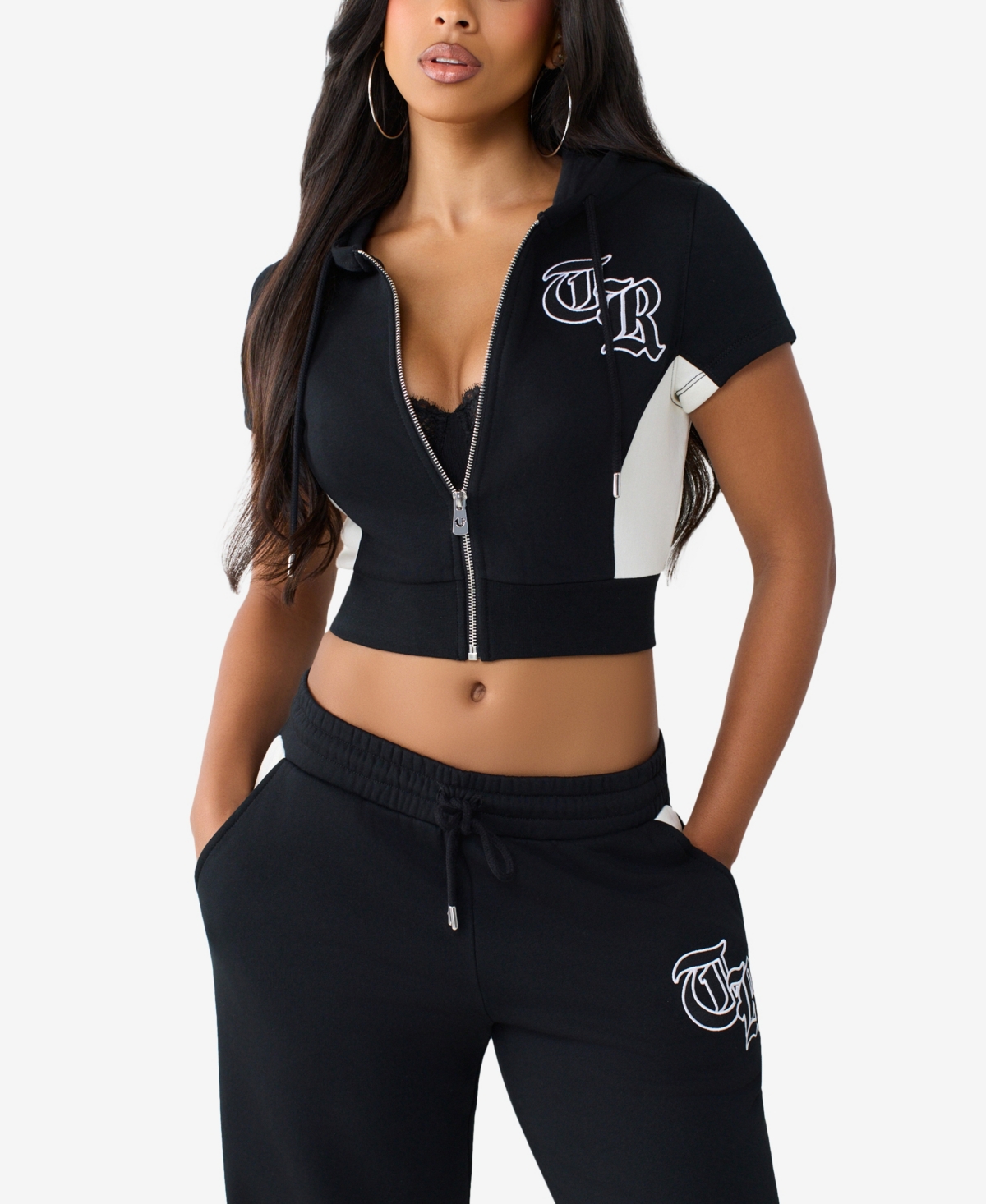 True Religion Women's Paneled Short-sleeve Crop Zip Hoodie In Jet Black