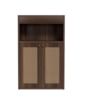 2 Rattan Doors Freestanding Bathroom Cabinet Adjustable Shelf Floor Storage Organizer with Open Shelving for Home Bathroom Hallway Living Room