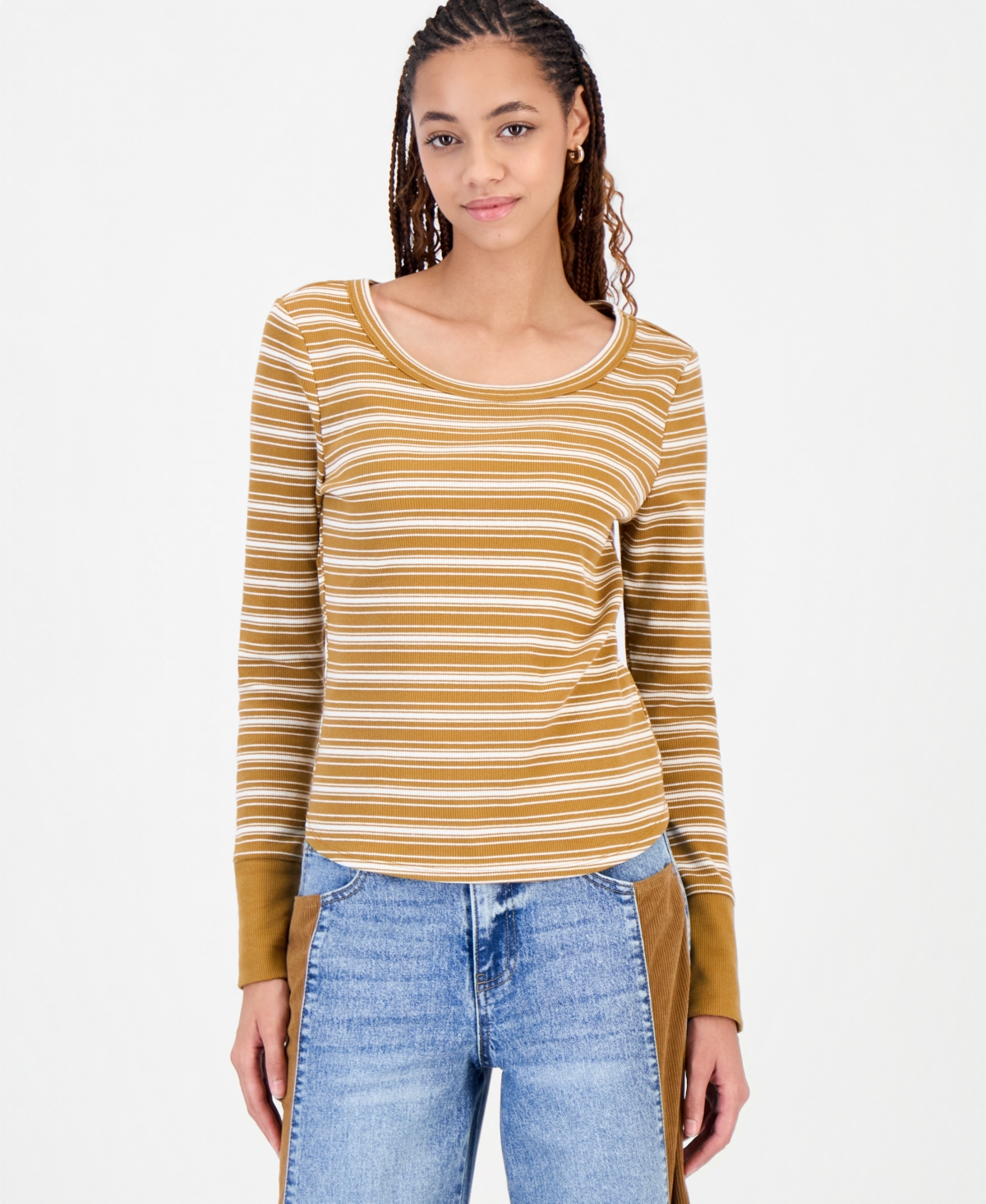 And Now This Women's Long-sleeve Ribbed-knit Top, Macy's Exclusive In Brown Stripe