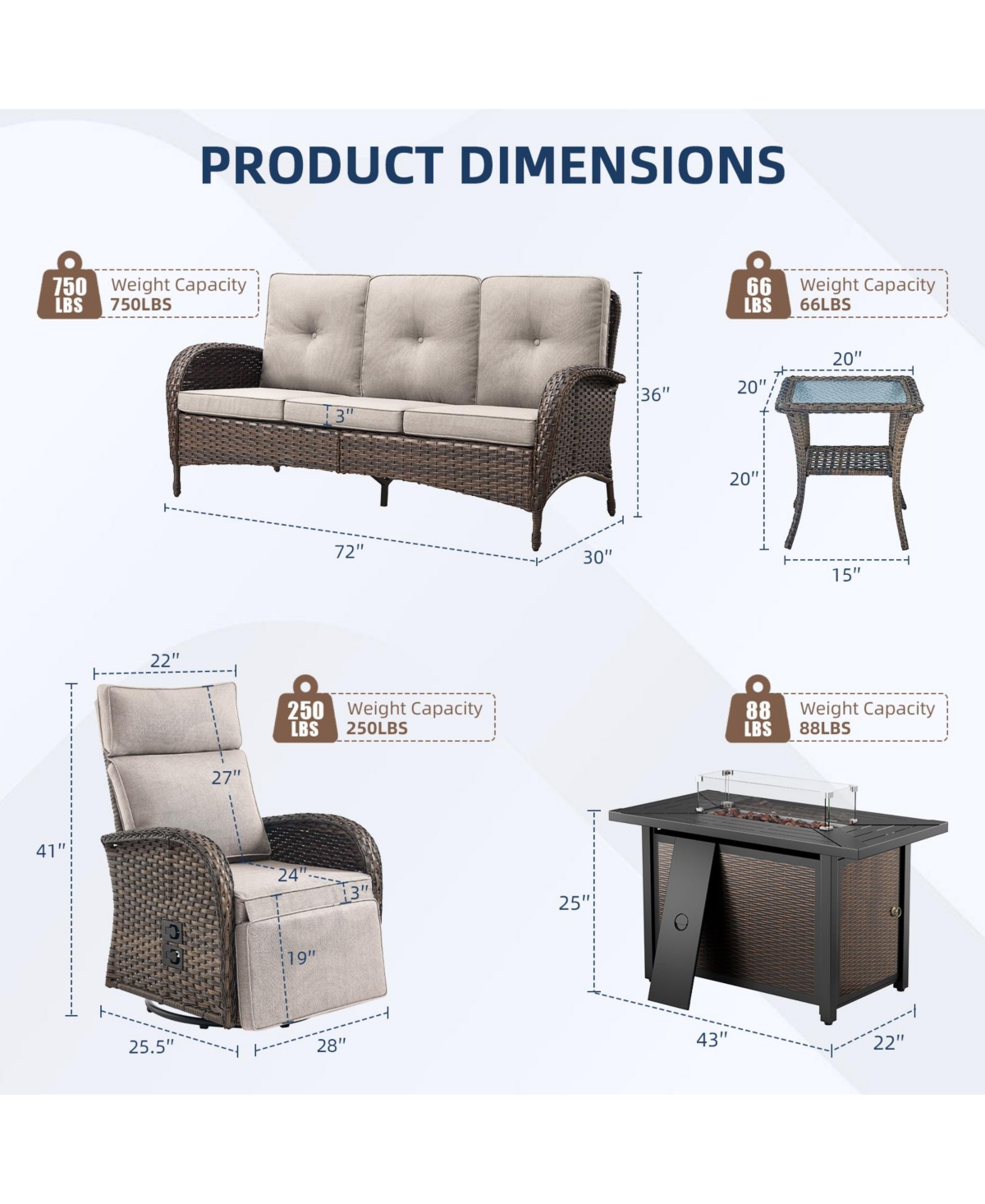Pocassy 5-Pieces Outdoor Wicker Patio Conversation Furniture Set with Swivel Recliner Chairs and Rectangular Fire Pit Table