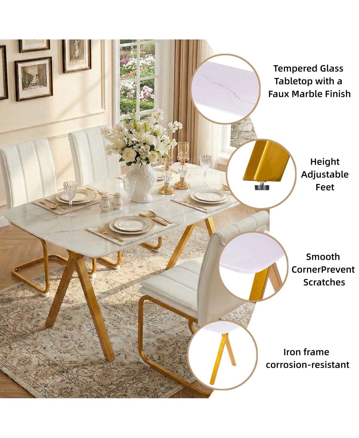 Streamdale Furniture Marble Glass Dining Table with Legs