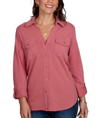 Petite Rib Trim Button-Front Knit Top