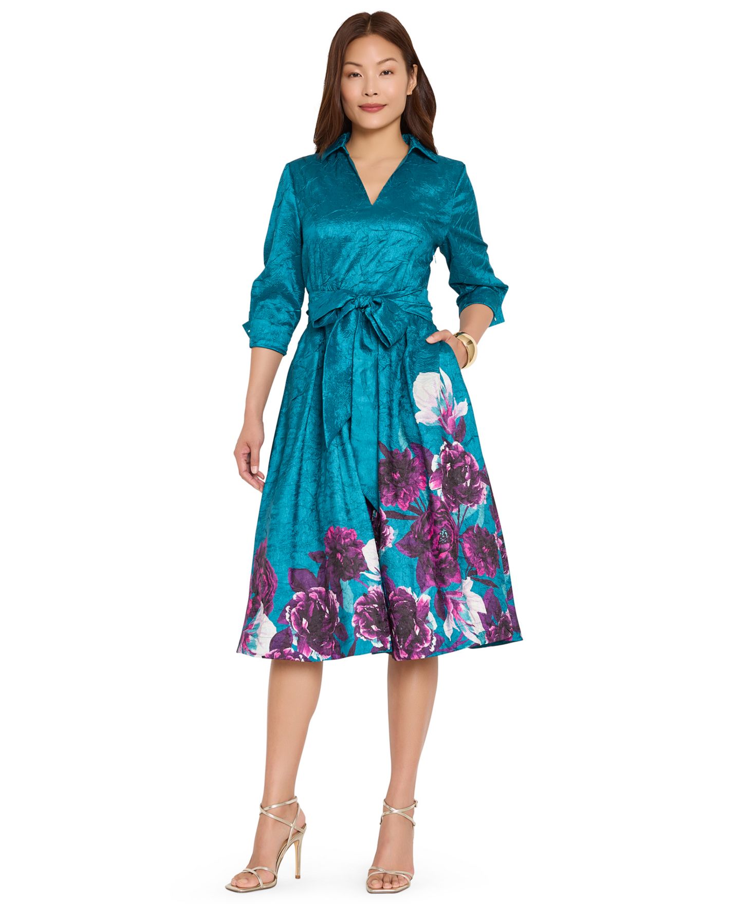 Женское платье Tahari ASL Floral Metallic-Embroidery Fit & Flare Midi, цвет: Бирюзовый — фото 6