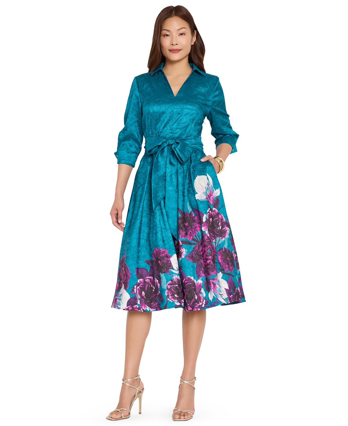 Tahari Asl Women's Floral Metallic-Embroidery Fit & Flare Midi Dress