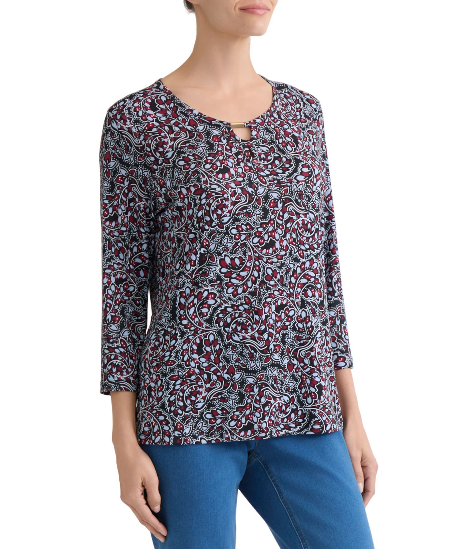 Женский топ Jones New York Keyhole 3/4-Sleeve Paisley-Print Top, цвет: Чёрный разноцветный — фото 4