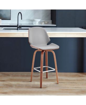Leather Bar Stool with Wood Legs, Modern Upholstered Counter Height Chair, Kitchen Island Stool with Footrest