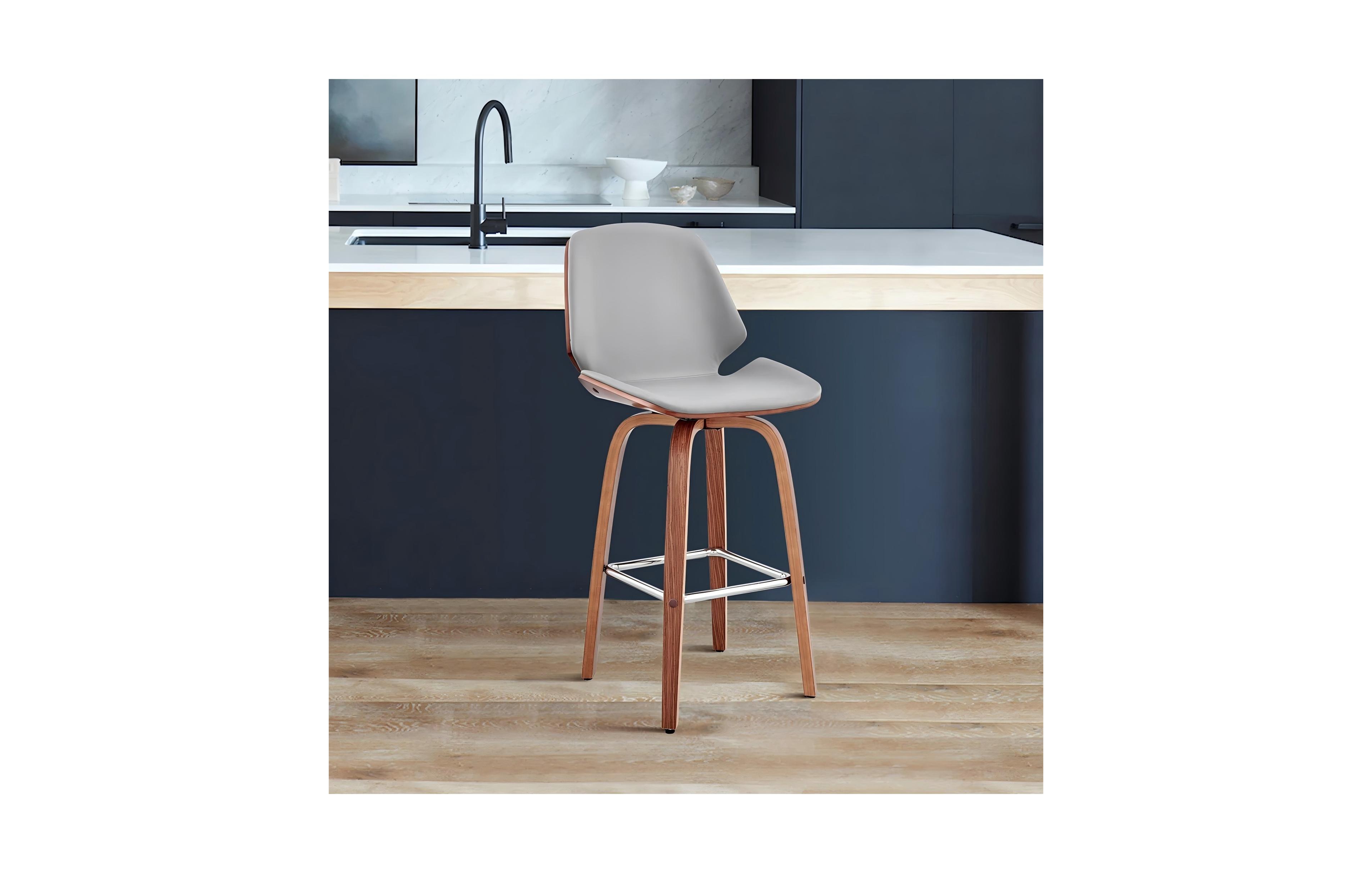 Clihome Leather Bar Stool with Wood Legs, Modern Upholstered Counter Height Chair, Kitchen Island Stool with Footrest