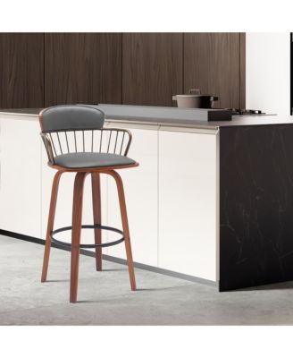 Leather Bar Stool with Brass Backrest, Modern Swivel Counter Height Chair, Wood Leg Kitchen Island Stool
