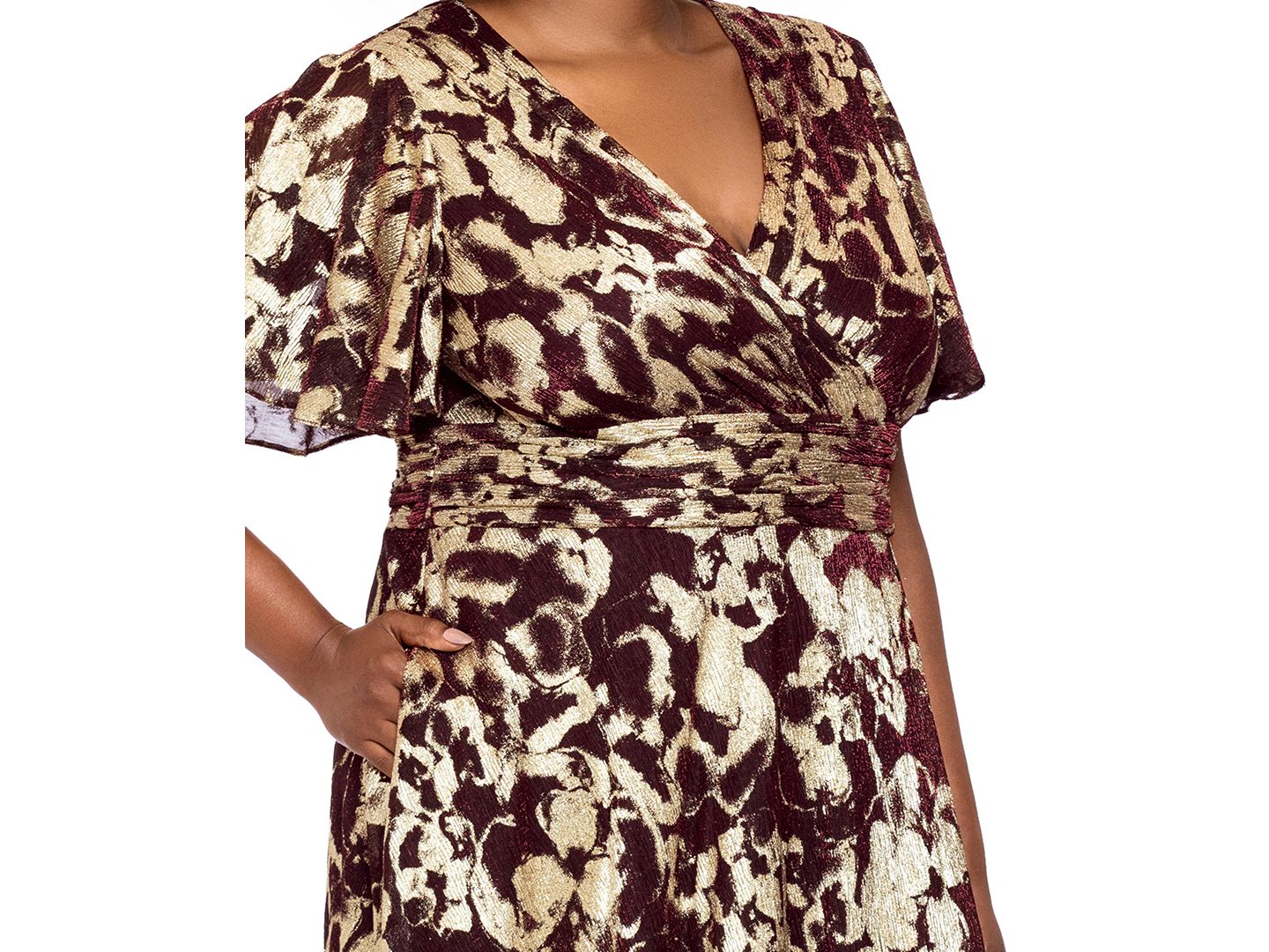 Женское платье Betsy & Adam Plus Size Metallic Foil V-Neck Short-Sleeve Gown, цвет: Винный золотой — фото 4