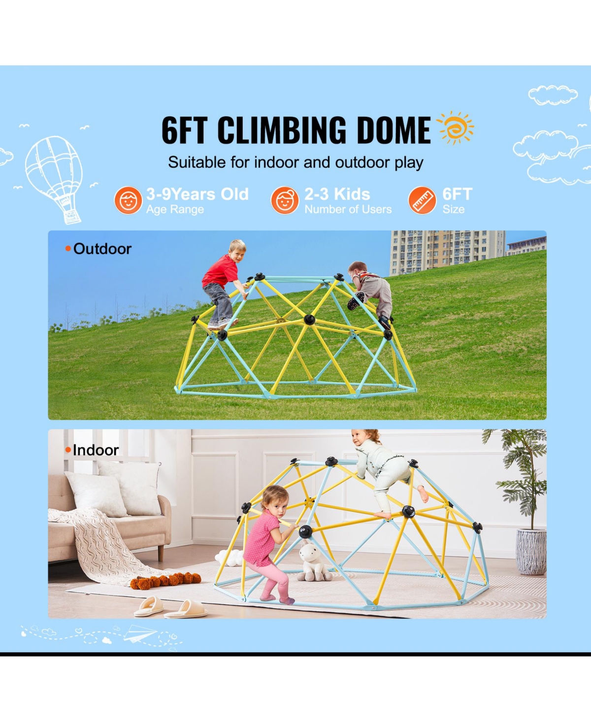 Vevor Climbing Dome 6FT Geometric Dome Climber Jungle Gym for Kids 3-9 Years