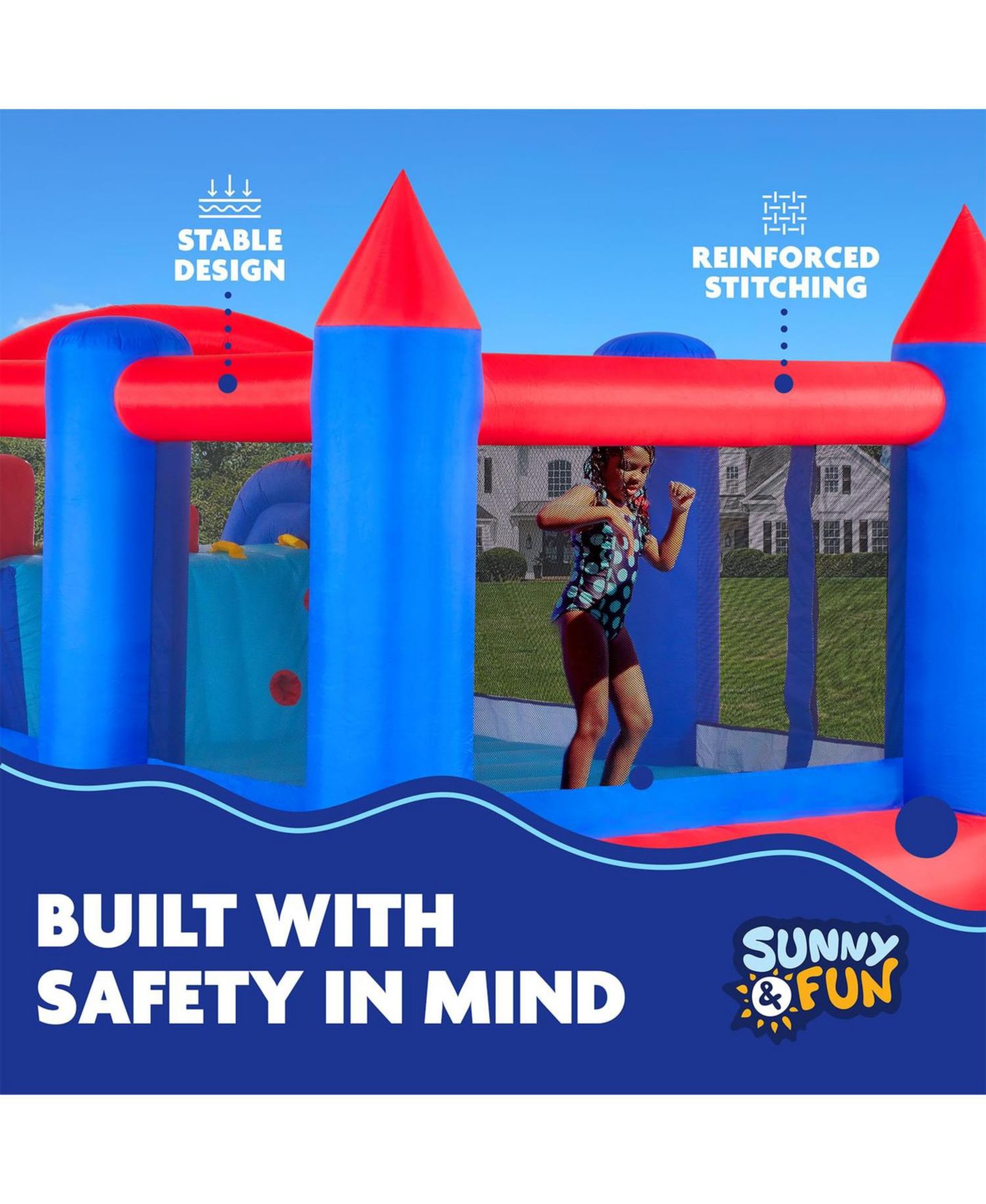 Детская игрушка Sunny & Fun Water Slide Bounce House with Climbing Walls, 14.1'L x 13.1'W x 7.3'H, Nylon, For Up to 5 Children, Ages 5+, цвет: Синий — фото 4