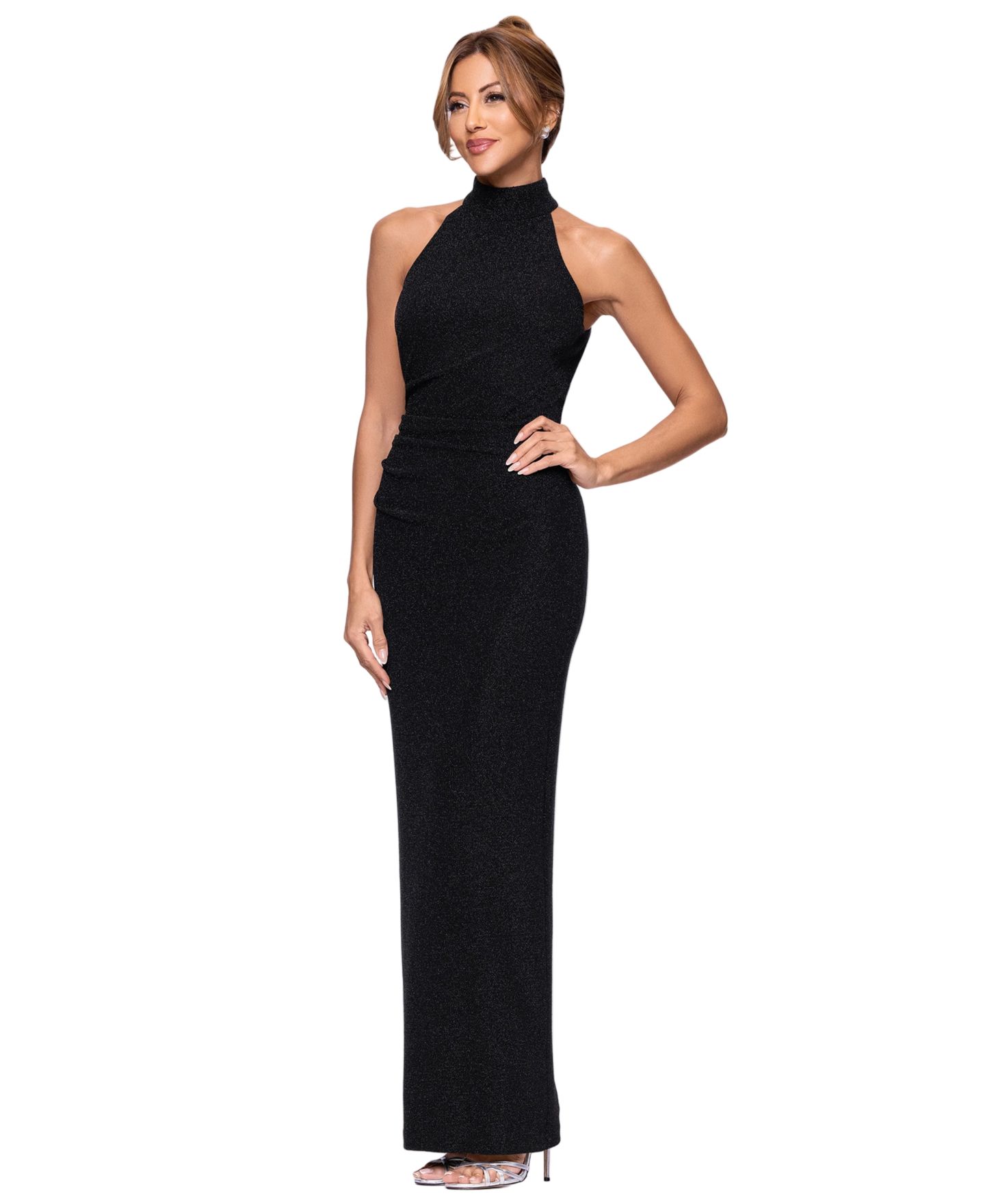 Женское платье XSCAPE Petite Mock Neck Metallic-Knit Sheath Gown, цвет: Чёрный — фото 2