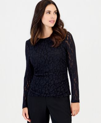 Petite Leopard-Print Lace Long-Sleeve Blouse