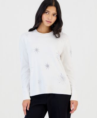 Petite Long-Sleeve Crew Neck Embellished Sweater