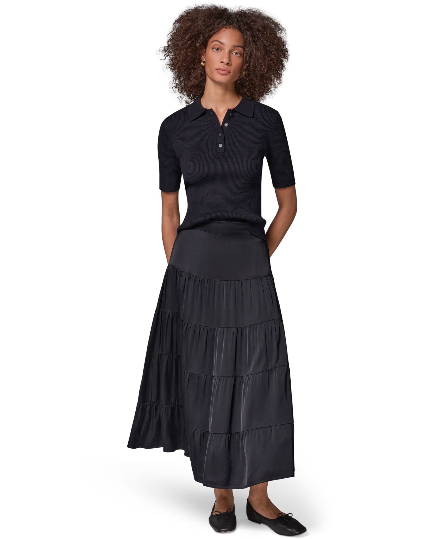 Женская юбка Donna Karan Weekend Satin Midi Tiered, цвет: Чёрный — фото 3