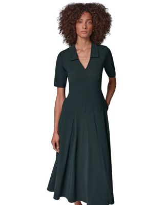 Women's V-Neck A-Line Midi Dress with Pockets