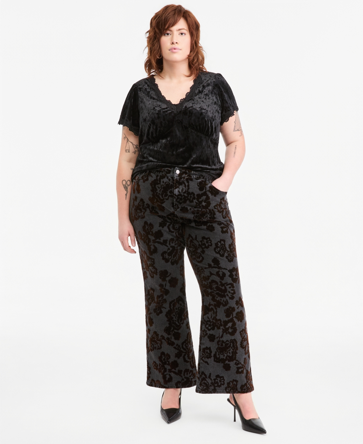 And Now This Plus size Flocked Floral-Print Flared-Leg Denim Pants, Macy's Exclusive - As Is