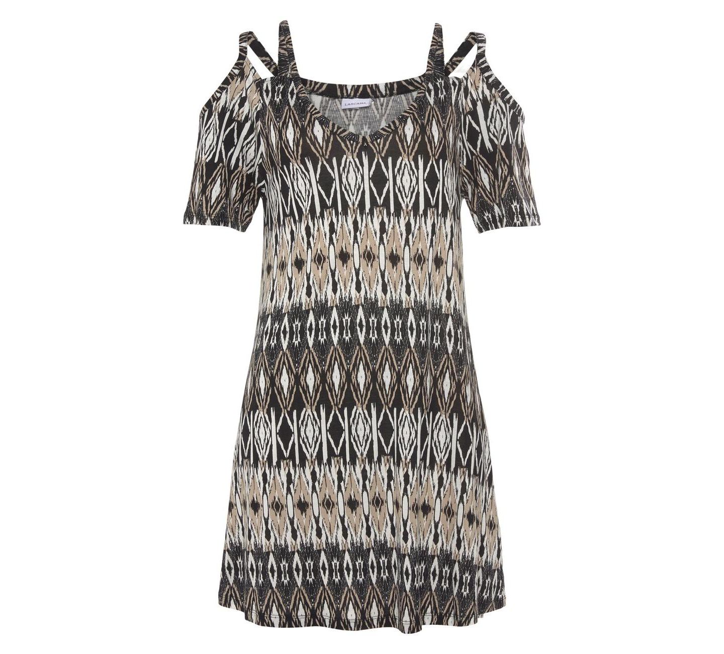 Женское платье LASCANA Viscose Printed Cold Shoulder V-Neck Short, цвет: Чёрный / Кремовый — фото 4