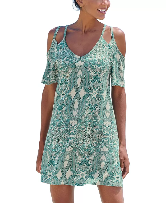Women's Viscose Printed Cold Shoulder V-Neck Short Dress