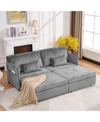73 Inch Convertible Sofa Bed 3-in-1 Pull Out Bed Corduroy Couch with USB Port Side Pocket