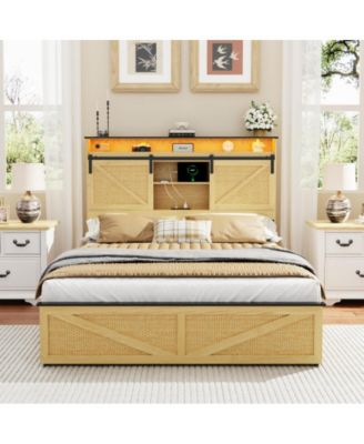 Full Size Farmhouse Bed Frame with Storage Headboard, 2 Drawers, USB Charging Station, LED Lights, Wooden Slats, No Box Spring Needed