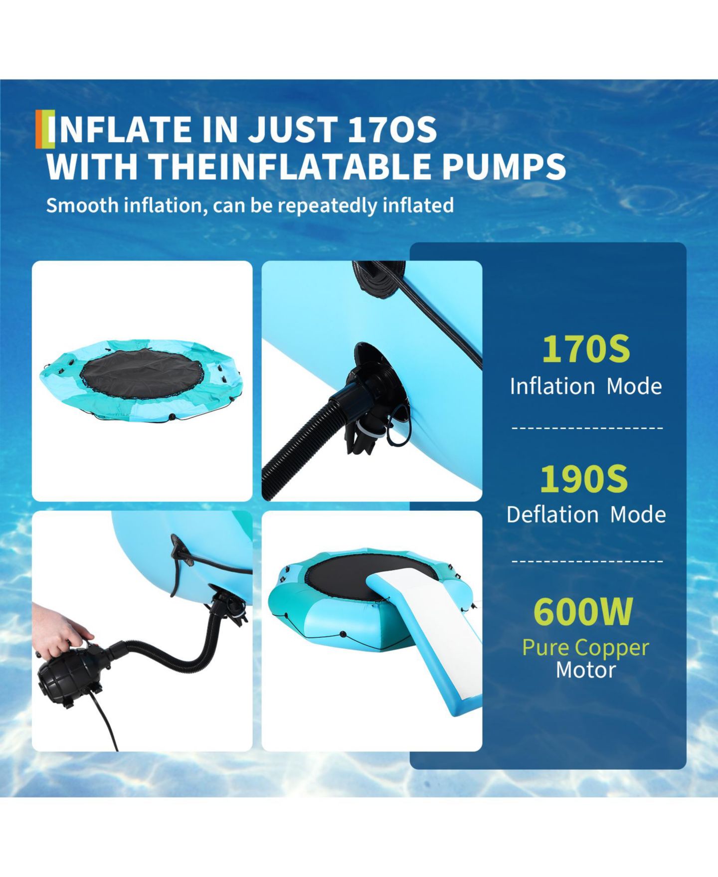 Детская игрушка homfan Inflatable Water Trampoline, 10 Foot, PVC, with Slide, 408 lb Capacity, цвет: Синий — фото 2