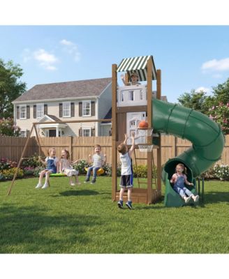 Swing Set for Backyard, Kids Outdoor Playhouse Equipment with Turbo Tube Slide and Basketball Hoop