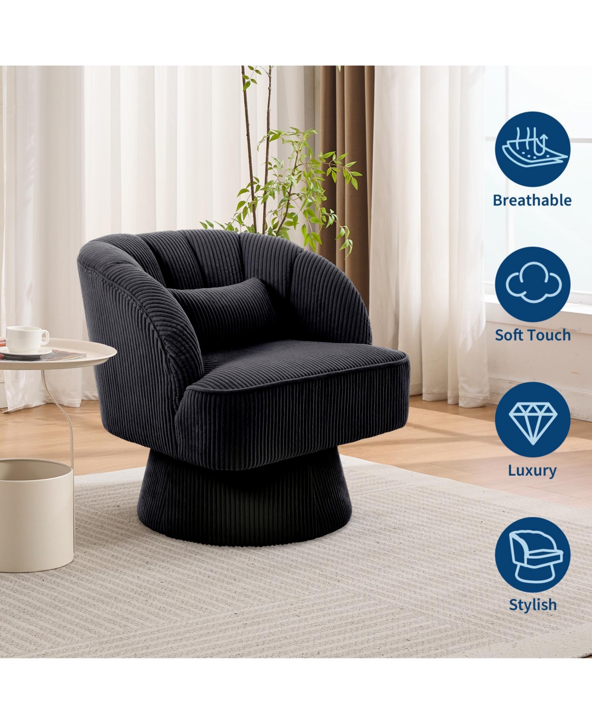 homfan 1 Piece Swivel Accent Chair, Modern Barrel Round Lounge Chair with 360 degrees) Rotating Base, Soft Backrest and Plush Cushions for Living Room