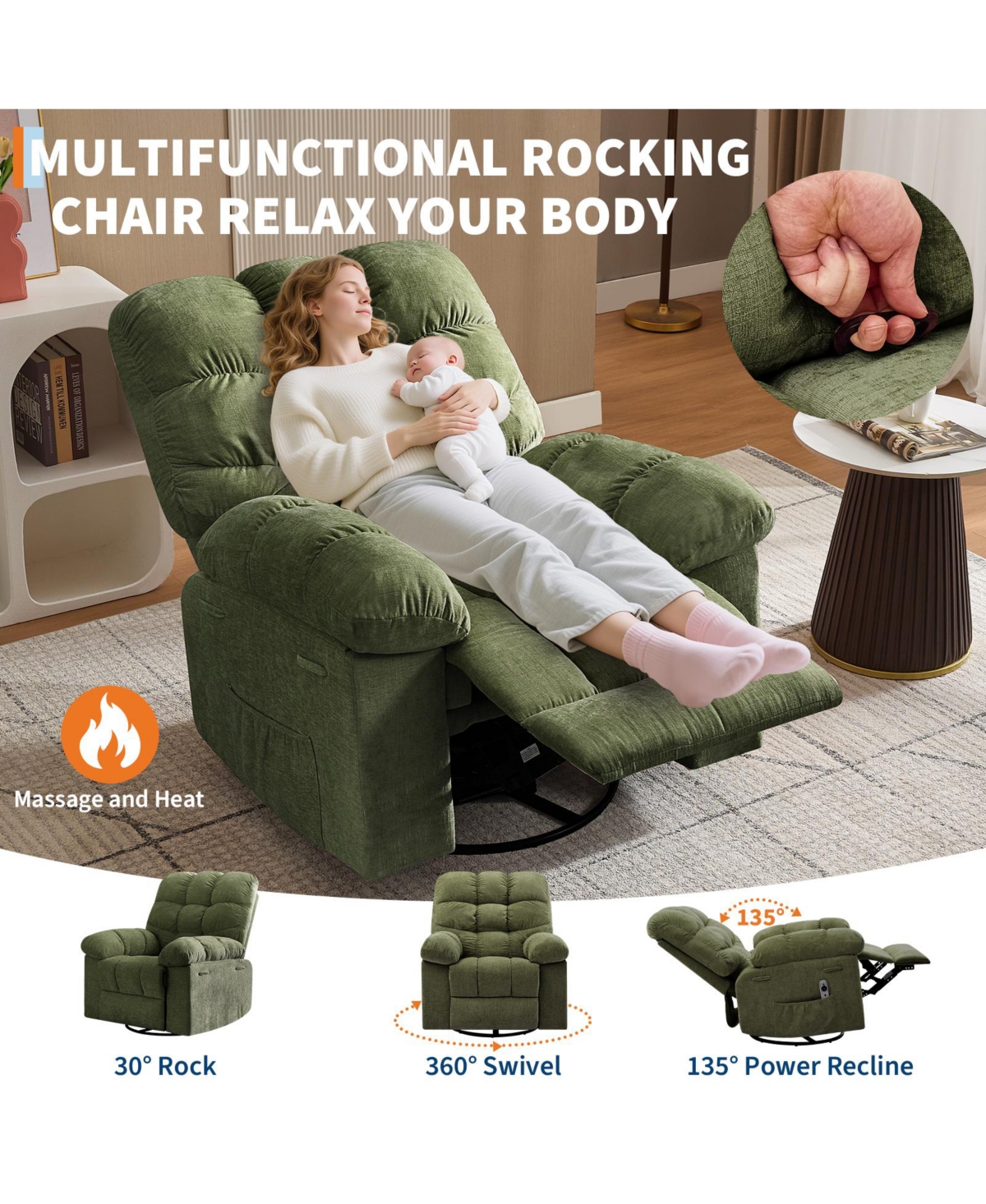 homfan Manual Rocking Recliner with Massage and Heat, Wide Upholstered Chair, High Back, Side Pockets Footrest for Living Room Bedroom