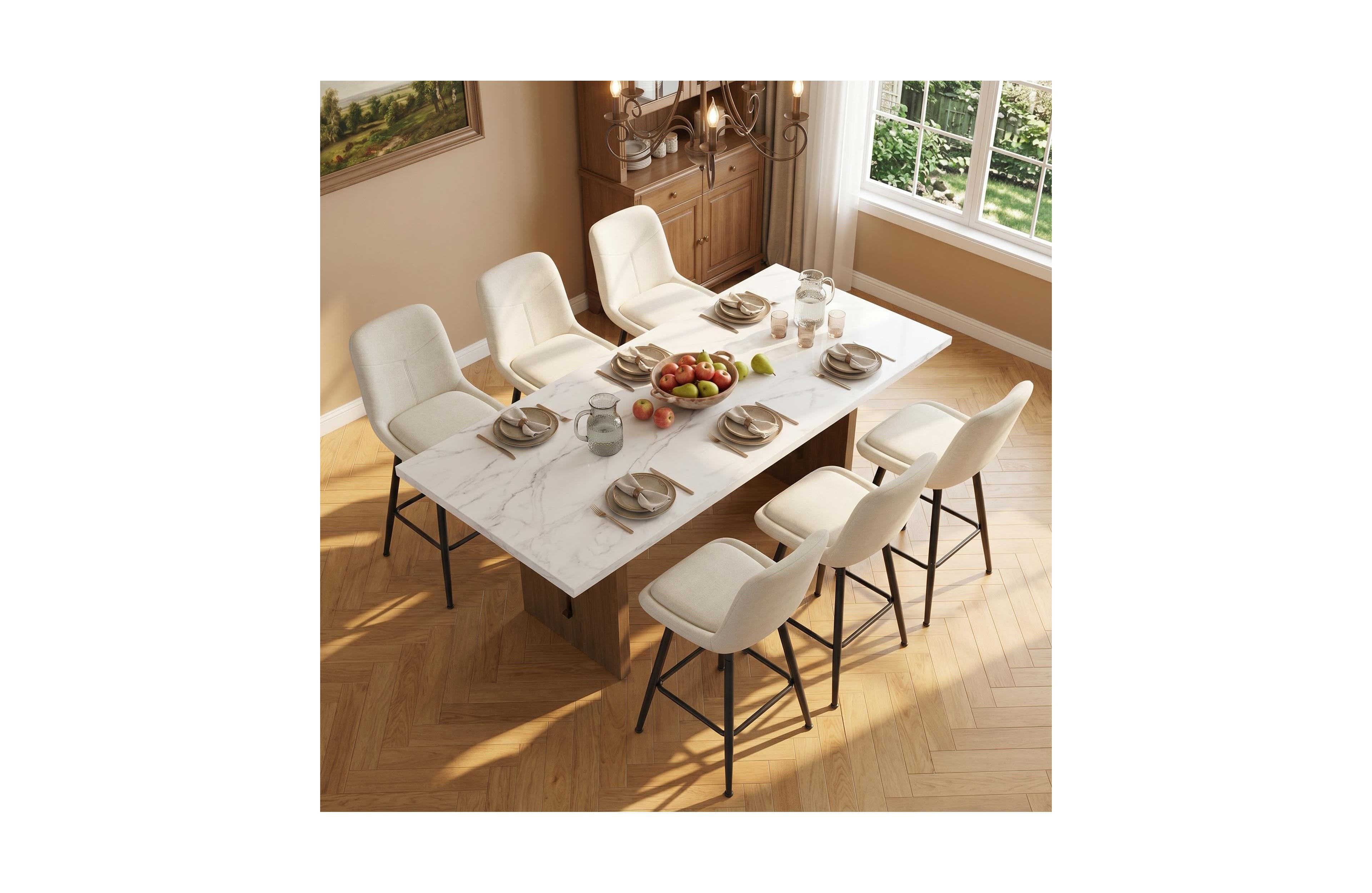 homfan Set of 6 25" Upholstered Bar Stools, Counter Height Chenille Fabric Barstool with Footrest, Backrest and Metal Legs, Modern Bar Chairs