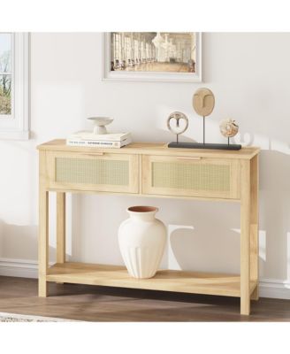 Boho Rattan Console Table with 2 Drawers - Narrow Sofa Side Table - 2-Tier Wooden Storage Shelf - Accent Hallway Foyer Furniture
