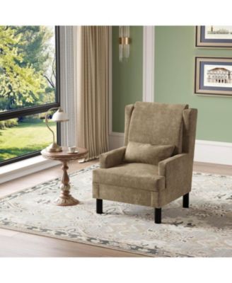 Wingback Accent Chair for Living Room, Mid-Century Modern Reading Chair with Chenille Upholstery, High Back, Pillow and Wood Legs