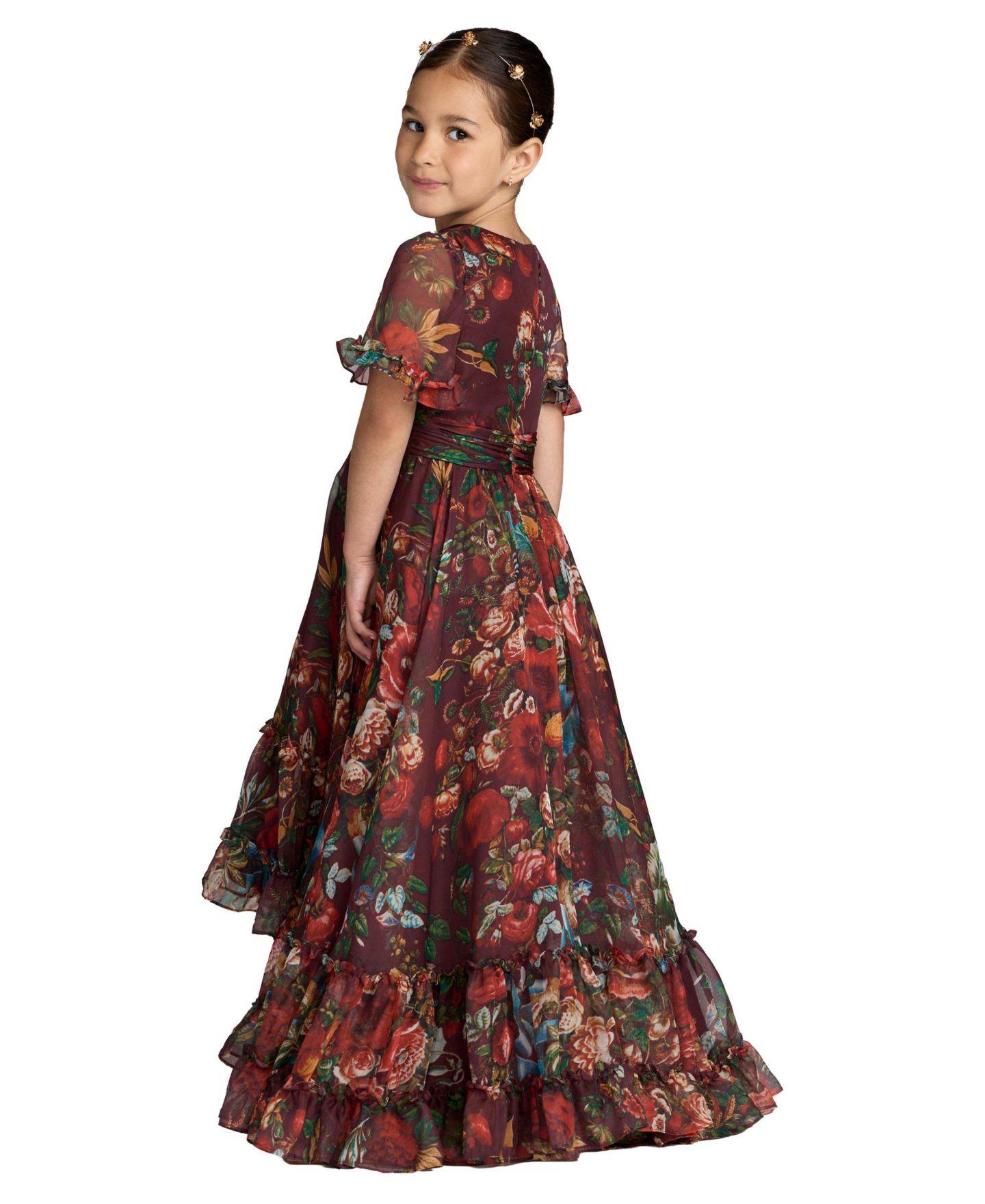 Платье Mac Duggal High Neck Ruffle Hi Low Gown для девочек, цвет: Винный разноцветный — фото 2