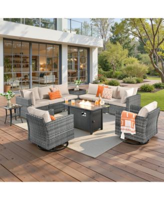 11-Piece Outdoor Patio Furniture Set With Fire Pit Table, Wicker Conversation Sectional Sofa, Swivel  Chairs, Coffee Table, and Side Table