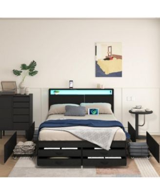 Queen Size Bed Frame with 8 Storage Drawers, LED Headboard, USB Charging Station, Metal Platform, No Box Spring Needed