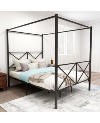 Queen Size Metal Canopy Bed Frame with X-Shaped Frame, Platform Bed, Steel Construction, No Box Spring Needed, Under-Bed Storage