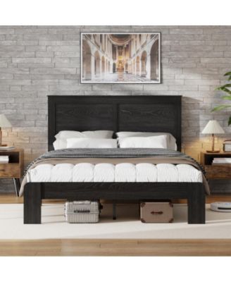 Queen Size Wood Platform Bed Frame with Metal Frame, Industrial Style, Wood Slats, No Box Spring Needed, Under-Bed Storage
