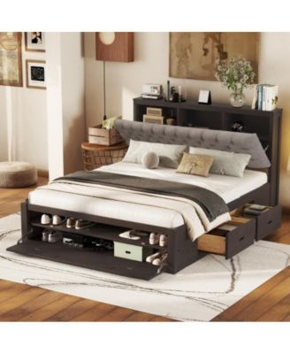 Queen Size Wood Platform Bed with Storage Headboard, 4 Drawers, Shoe Rack, Wood Slats, No Box Spring Needed