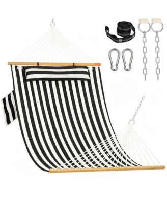 10.5feet 2 Person Quilted Double Hammock With Spreader Bar Side Pocket Carabiners Tree Straps 450lbs Capacity