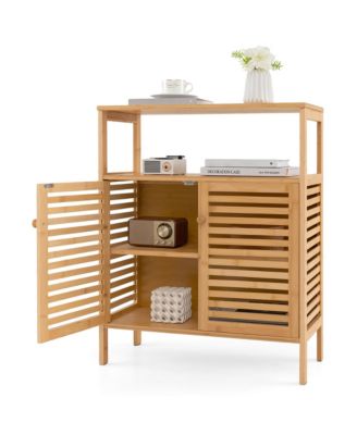 Bathroom Floor Cabinet Freestanding Bamboo Storage Organizer with Double Shutter Doors