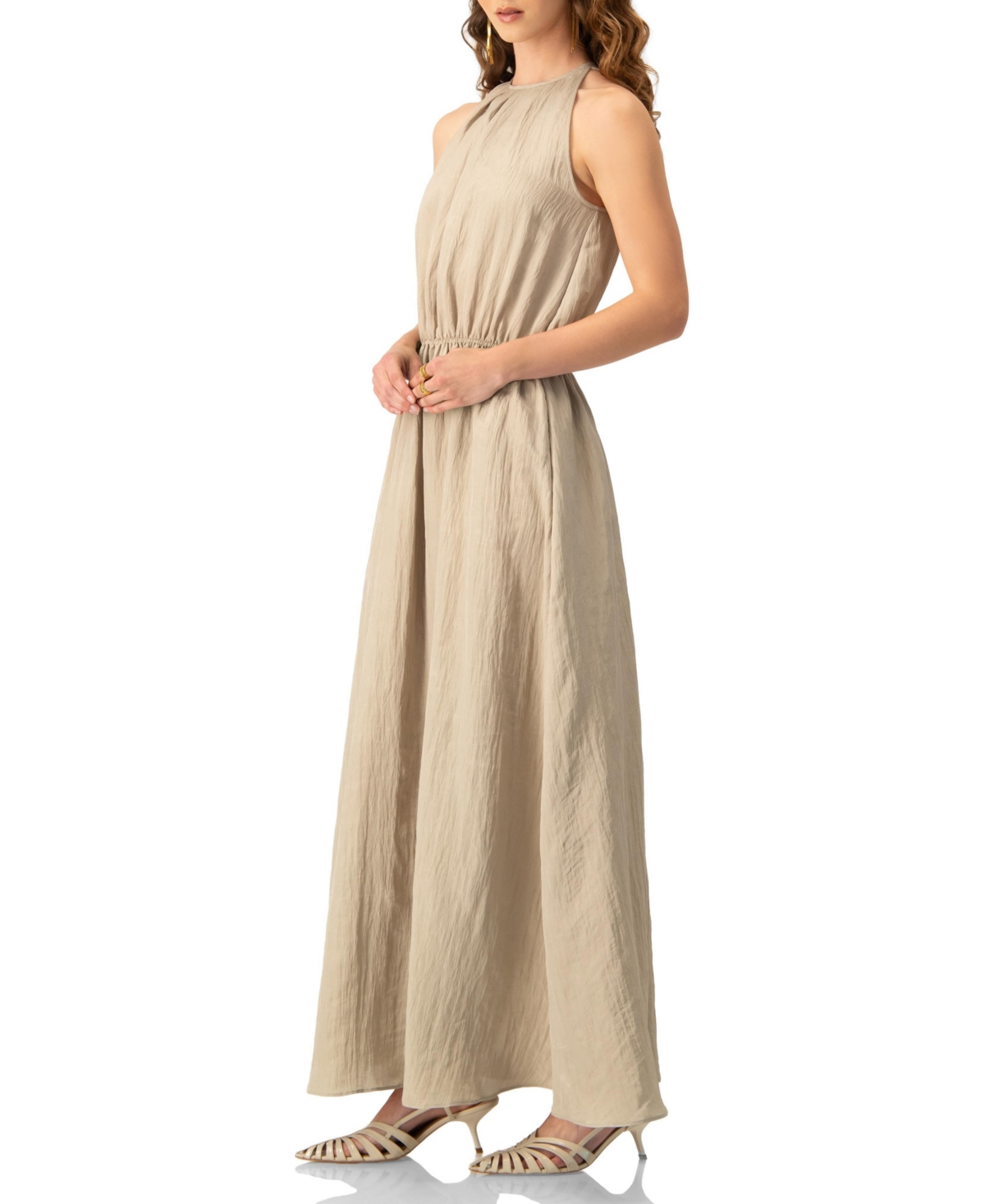 Ivonne Sleeveless Crinkle Halter Maxi Dress with Cinched Waist A-Line